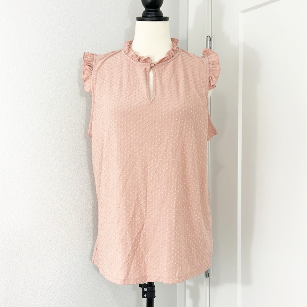 Adrianna Papell Blush Pink Ruffled Sleeveless Swiss Dot Blouse